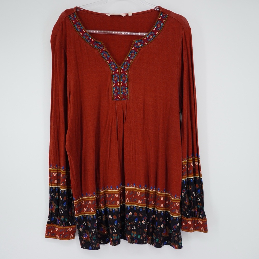 Soft‎ Surroundings Top Womens Large Embroidered Burnt Orange Floral Tunic Boho